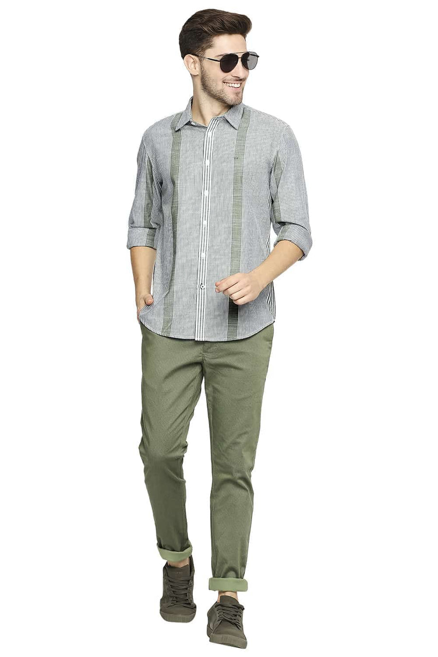 BASICS SLIM FIT OLIVINE GREEN SLUB ENG VERTICAL STRIPE SHIRT