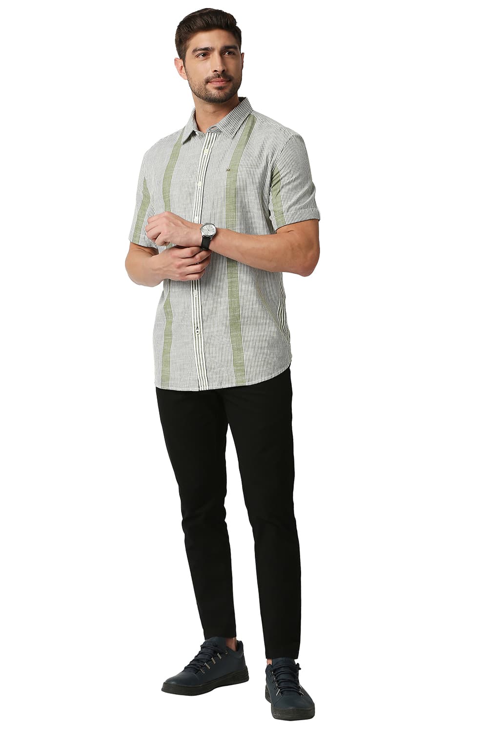 BASICS SLIM FIT SLUB ENG VERTICAL STRIPE HALFSLEEVES SHIRT