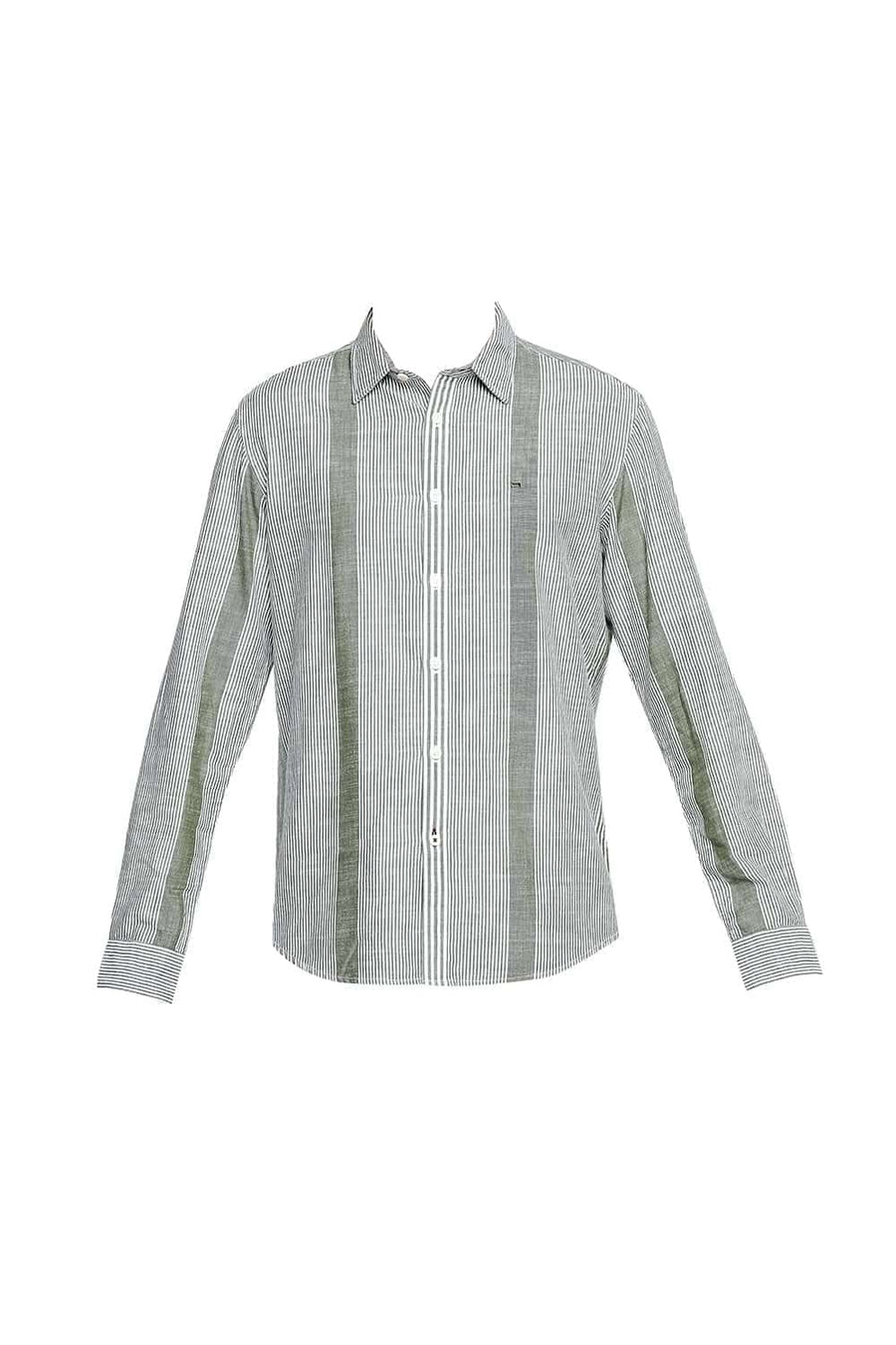 BASICS SLIM FIT OLIVINE GREEN SLUB ENG VERTICAL STRIPE SHIRT
