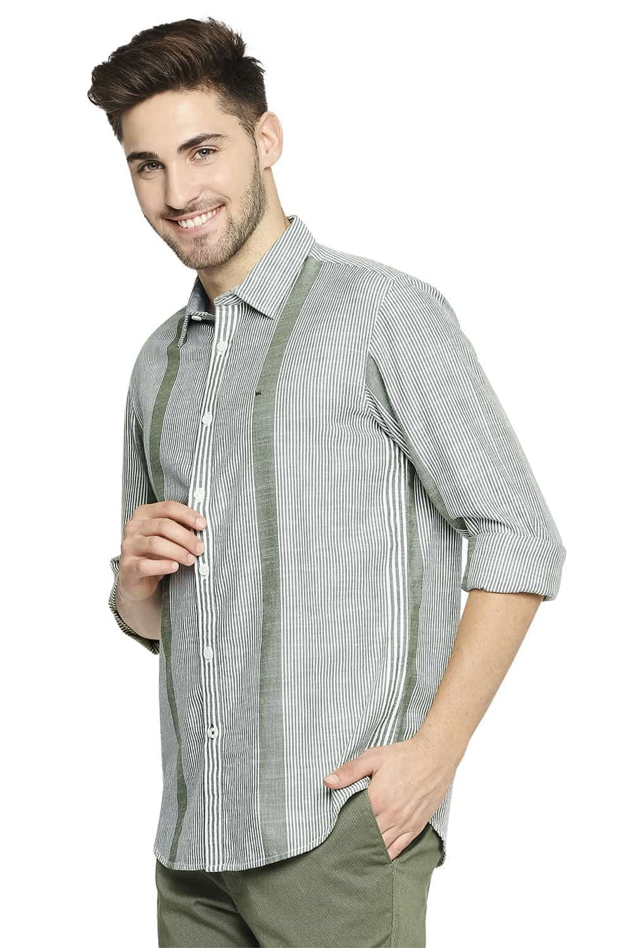 BASICS SLIM FIT OLIVINE GREEN SLUB ENG VERTICAL STRIPE SHIRT
