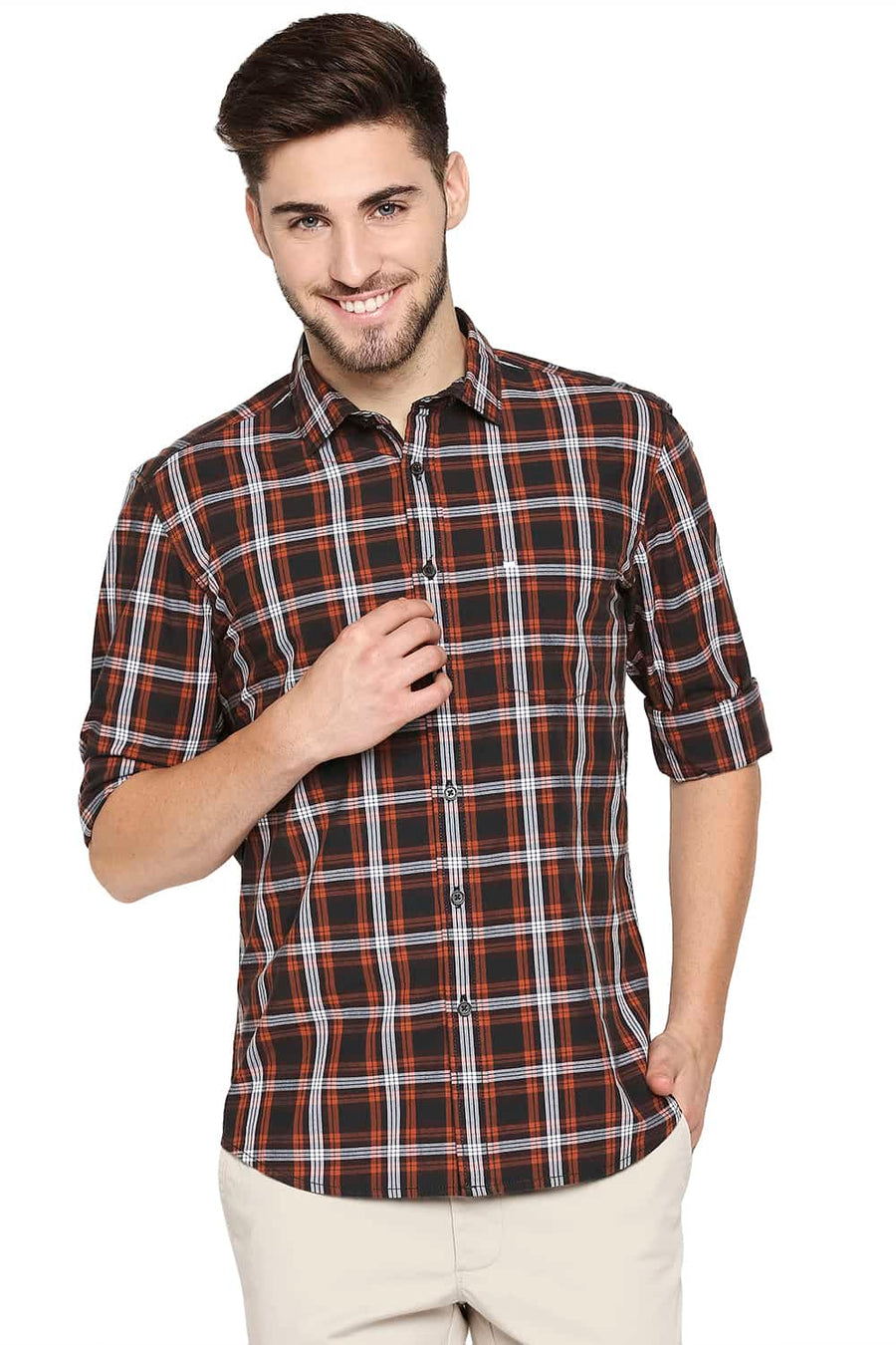 BASICS SLIM FIT POTTERS ORANGE CHECKS SHIRT