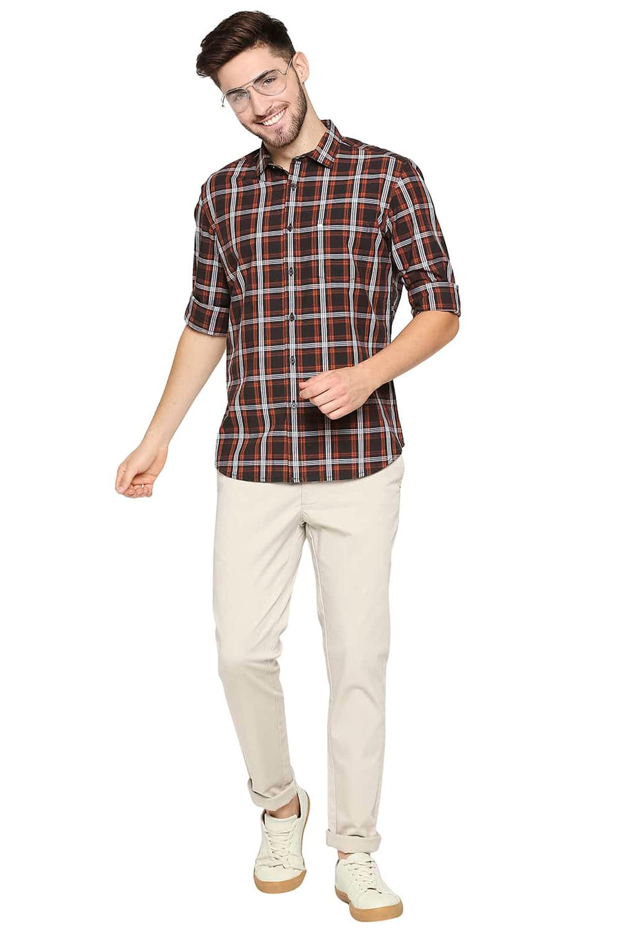 BASICS SLIM FIT POTTERS ORANGE CHECKS SHIRT