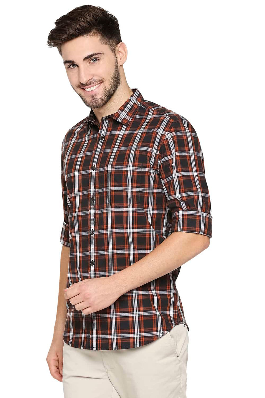 BASICS SLIM FIT POTTERS ORANGE CHECKS SHIRT