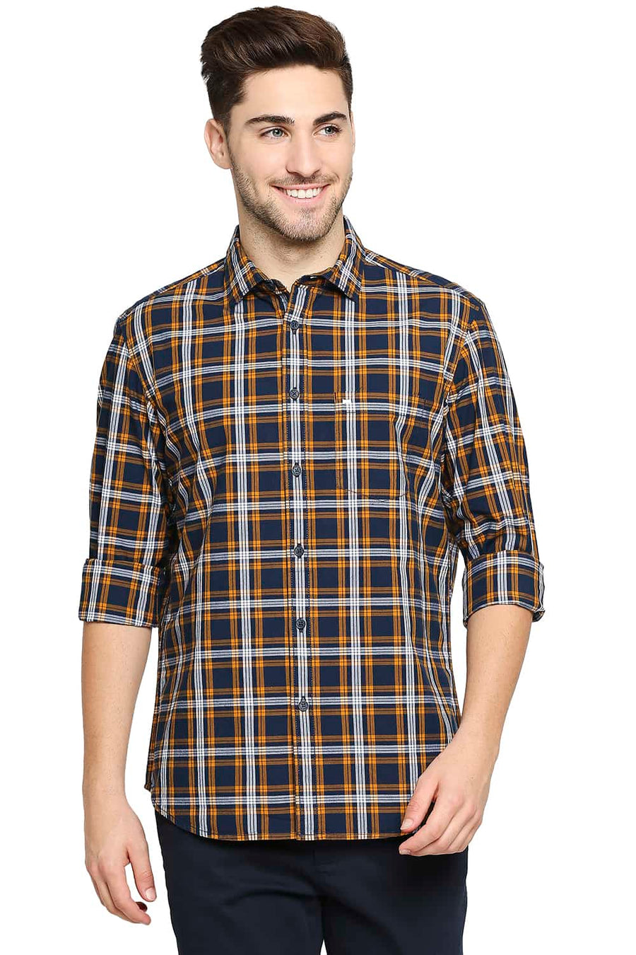 BASICS SLIM FIT MARIGOLD YELLOW CHECKS SHIRT