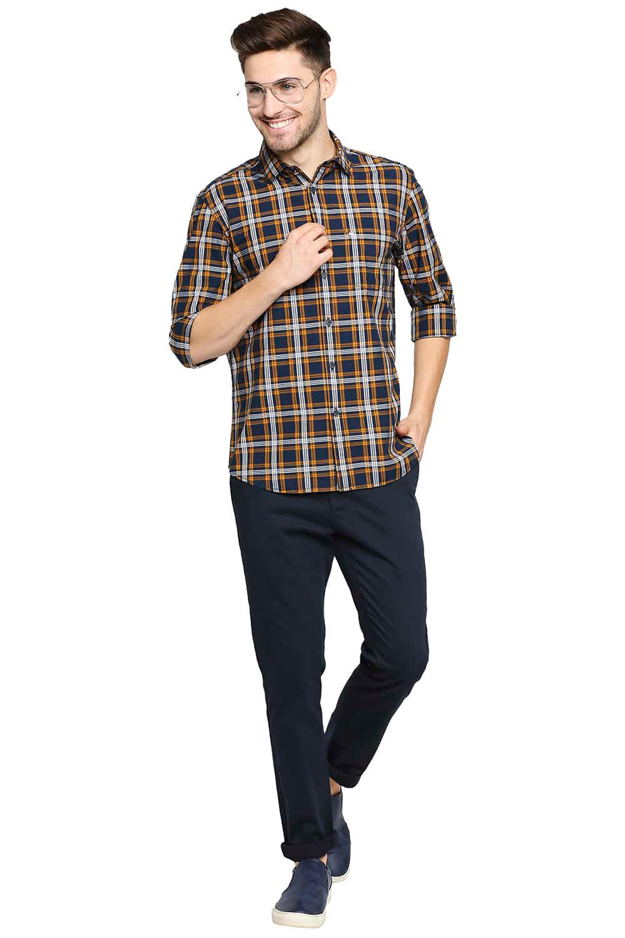 BASICS SLIM FIT MARIGOLD YELLOW CHECKS SHIRT
