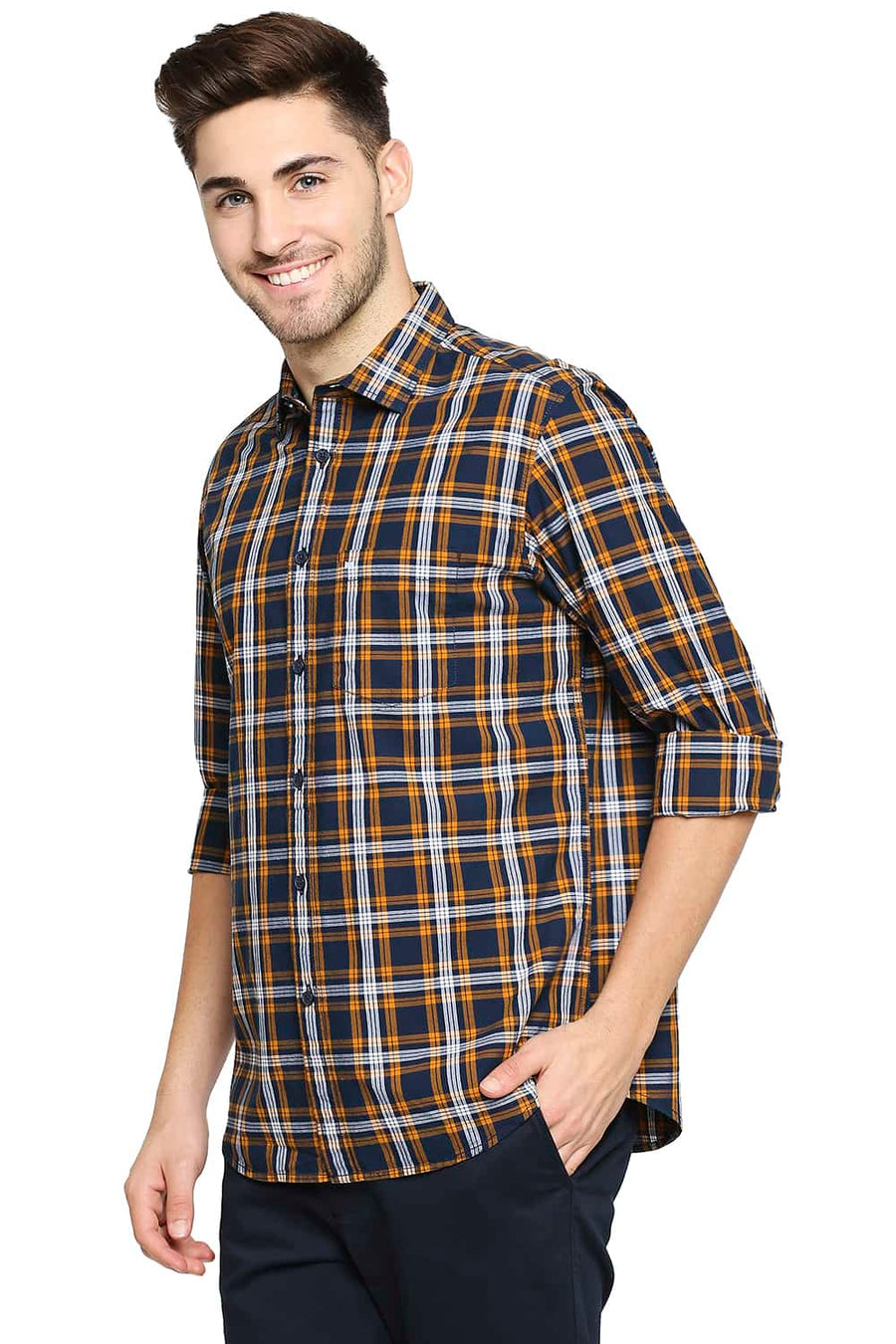 BASICS SLIM FIT MARIGOLD YELLOW CHECKS SHIRT