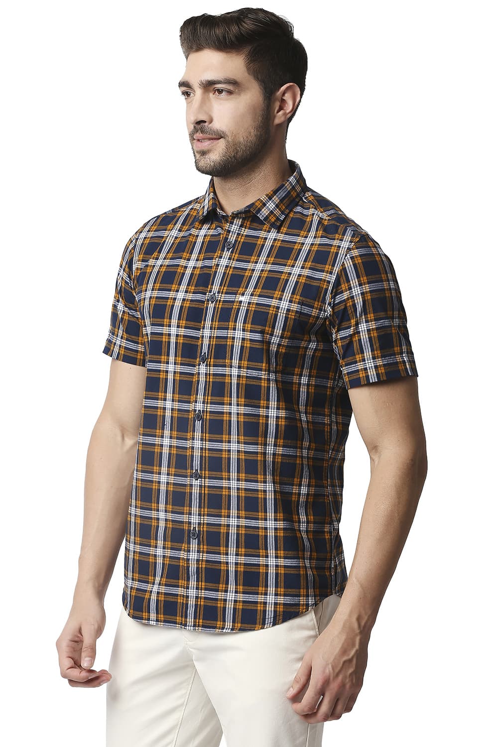 BASICS SLIM FIT CHECKS HALFSLEEVES SHIRT