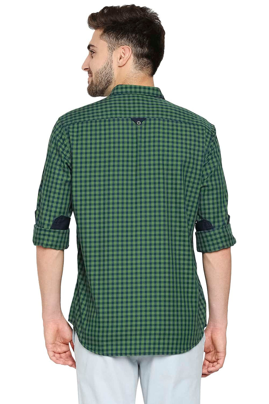 BASICS SLIM FIT FLUORITE GREEN TWILL CHECKS SHIRT SHIRT