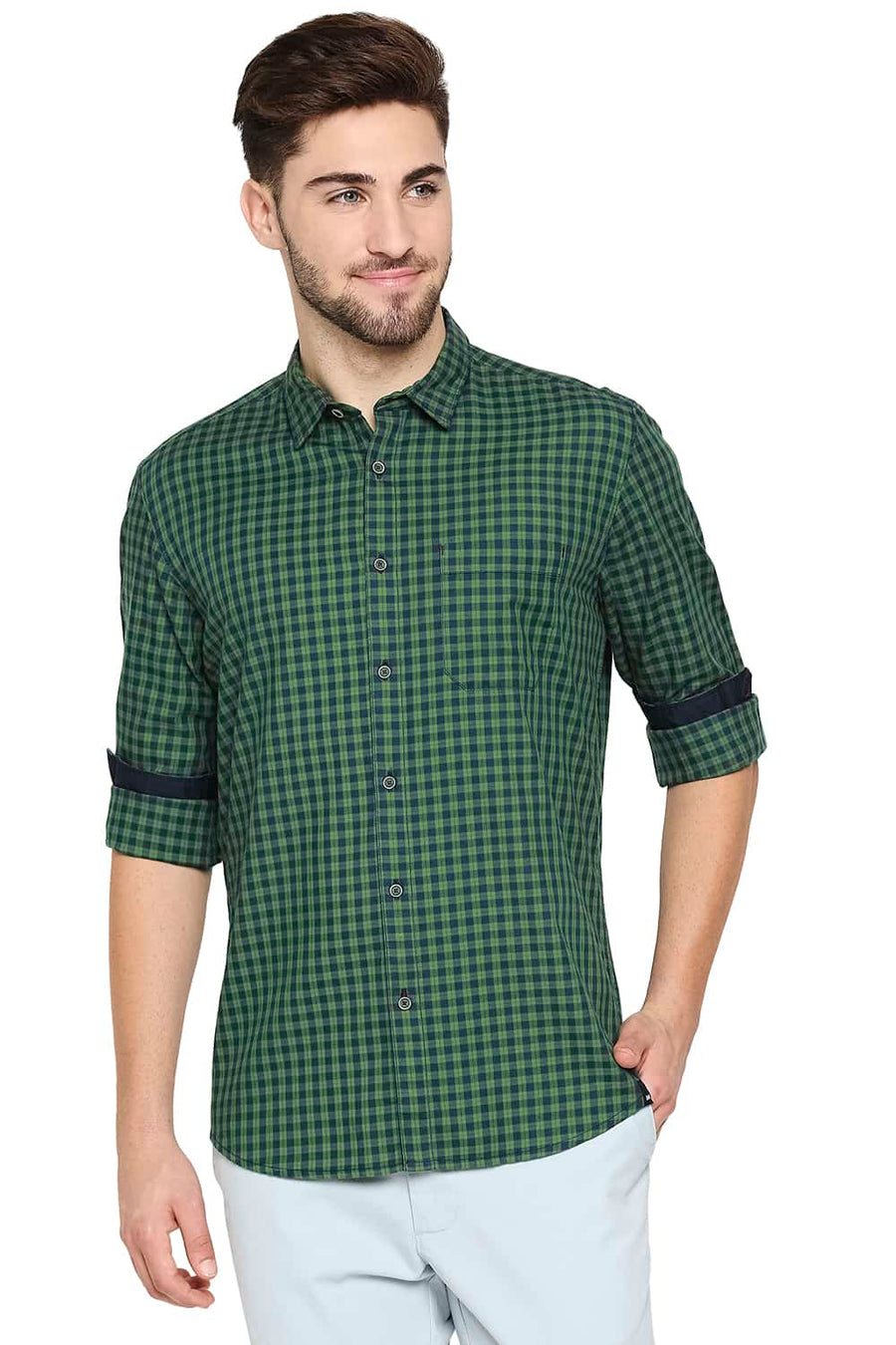 BASICS SLIM FIT FLUORITE GREEN TWILL CHECKS SHIRT SHIRT