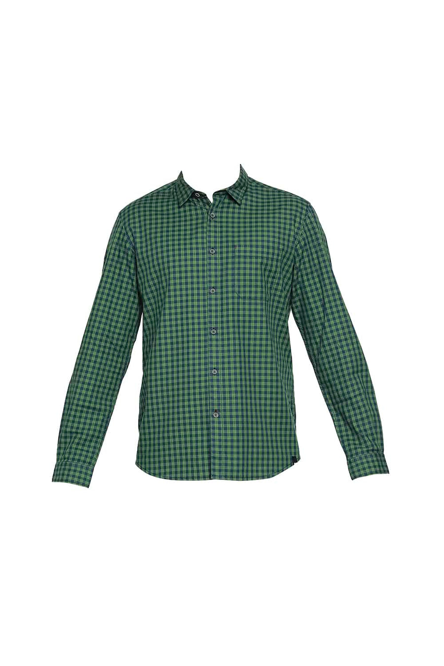 BASICS SLIM FIT FLUORITE GREEN TWILL CHECKS SHIRT SHIRT