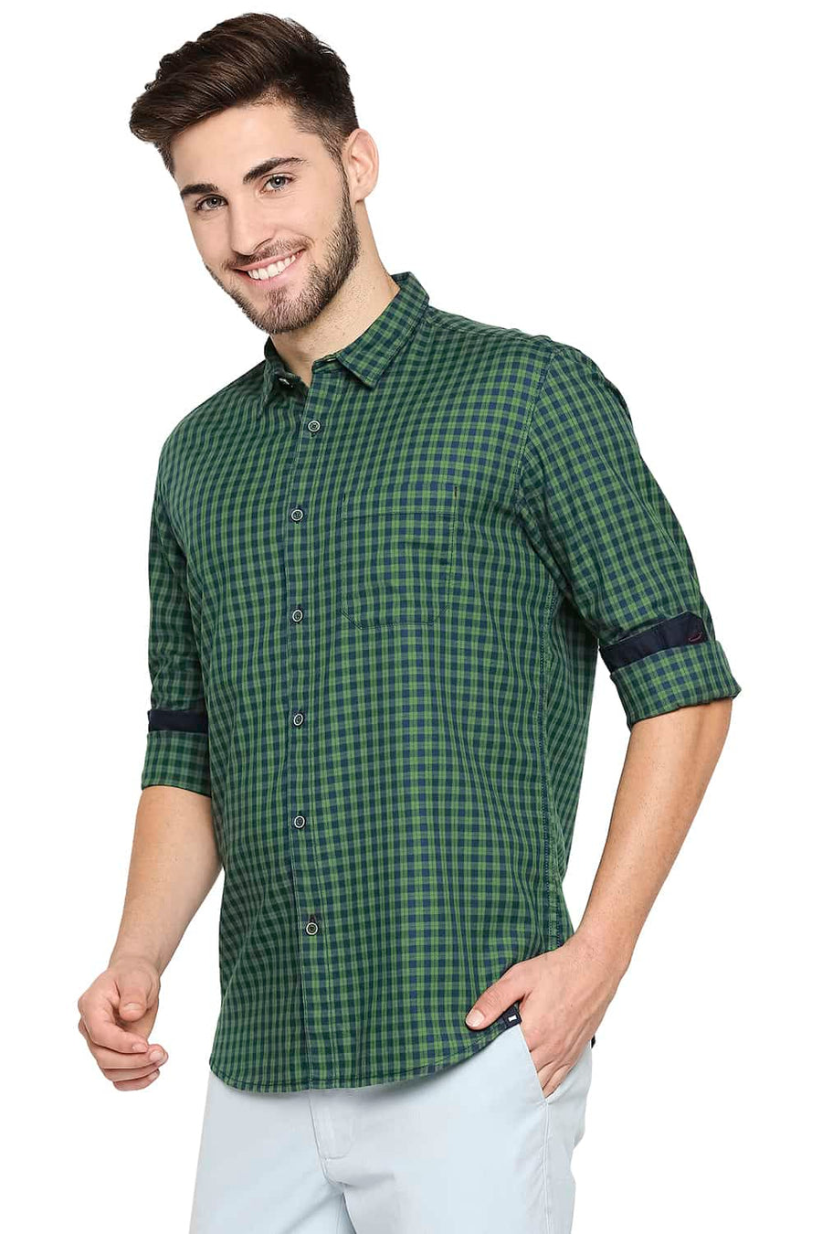 BASICS SLIM FIT FLUORITE GREEN TWILL CHECKS SHIRT SHIRT