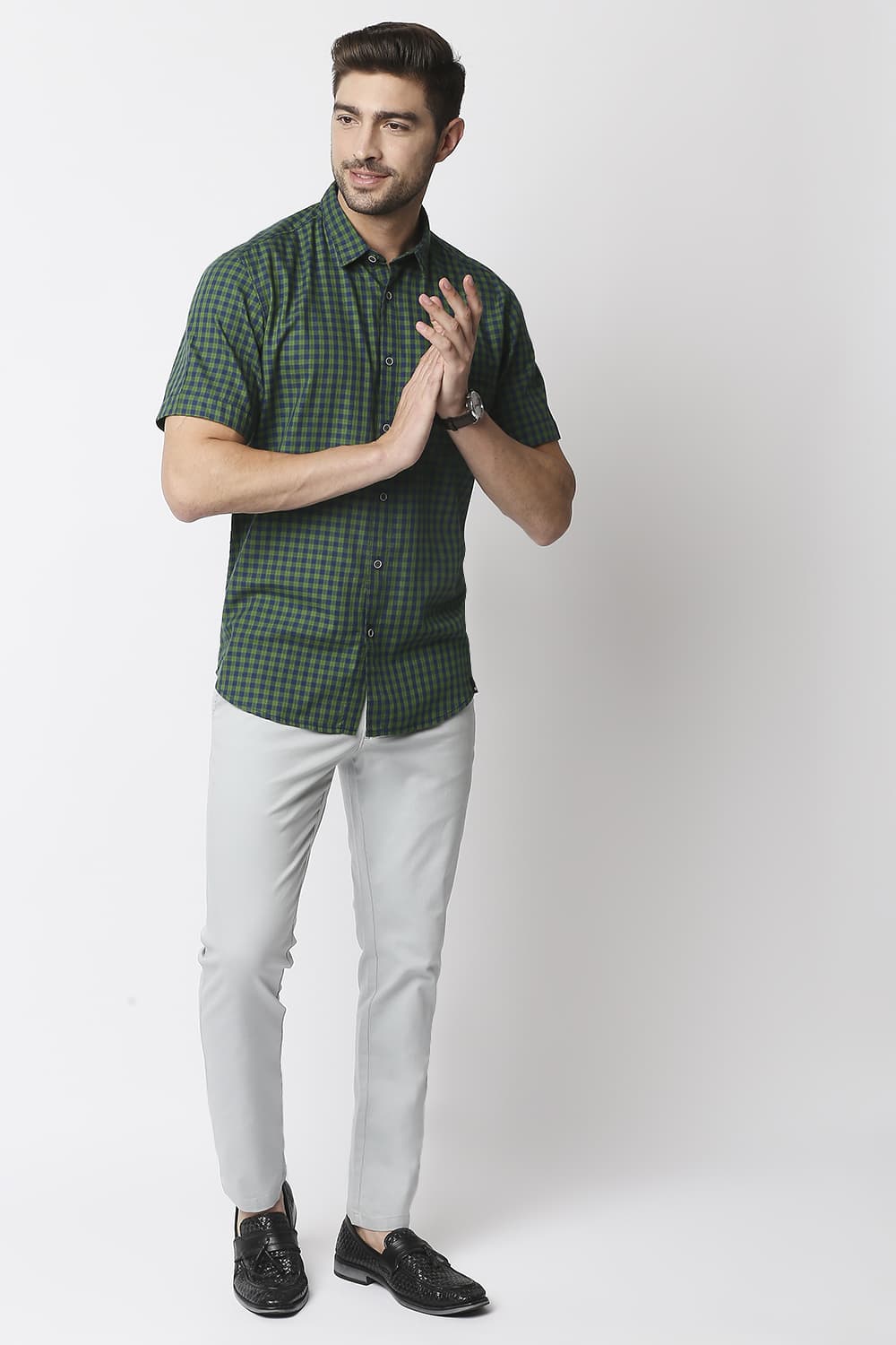 Slim Fit Twill Checks Halfsleeves Shirt