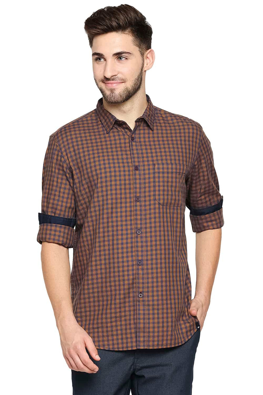 BASICS SLIM FIT NUGGET BROWN TWILL CHECKS SHIRT SHIRT