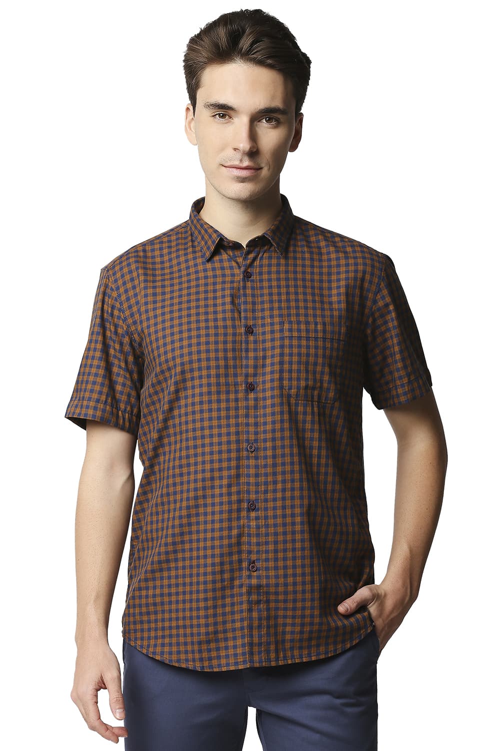 BASICS SLIM FIT TWILL CHECKS HALFSLEEVES SHIRT HALFSLEEVES SHIRT