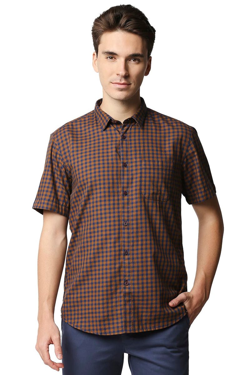 BASICS SLIM FIT TWILL CHECKS HALFSLEEVES SHIRT HALFSLEEVES SHIRT