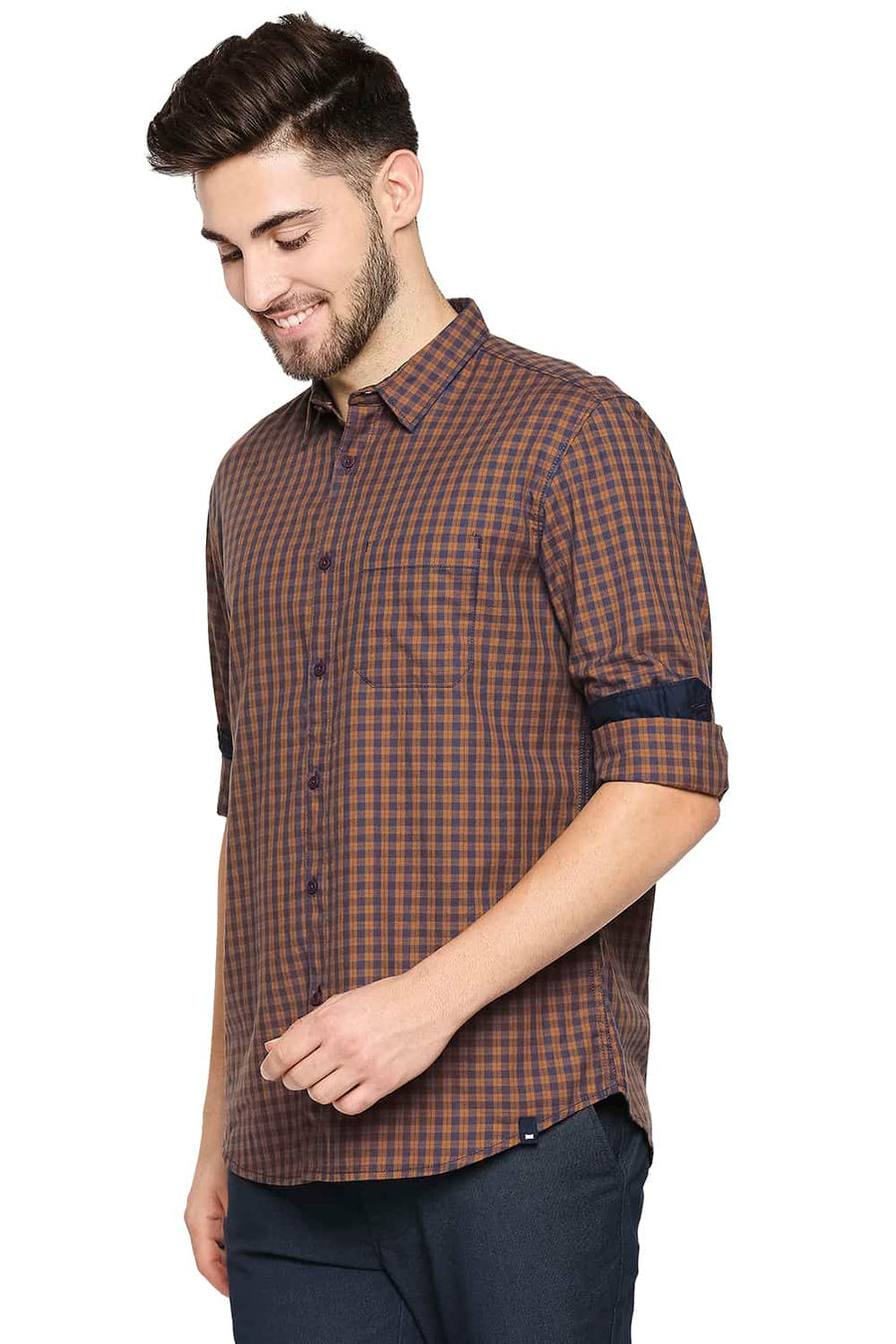 BASICS SLIM FIT NUGGET BROWN TWILL CHECKS SHIRT SHIRT