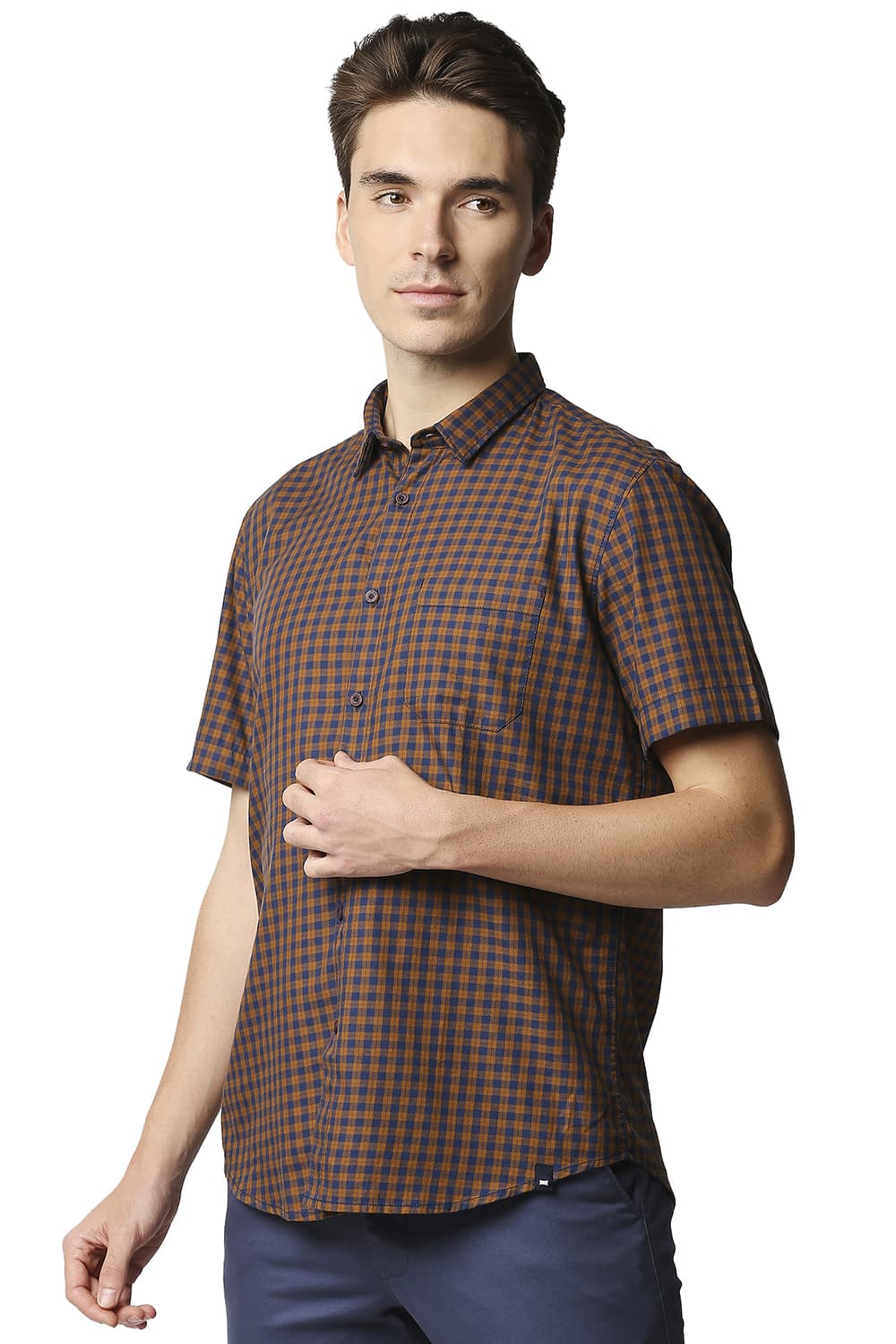 BASICS SLIM FIT TWILL CHECKS HALFSLEEVES SHIRT HALFSLEEVES SHIRT