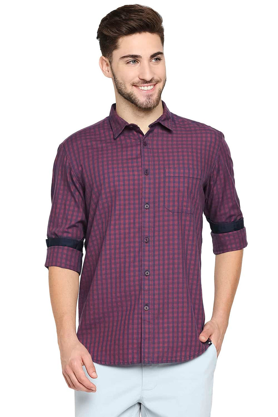 BASICS SLIM FIT BURNT RED TWILL CHECKS SHIRT SHIRT