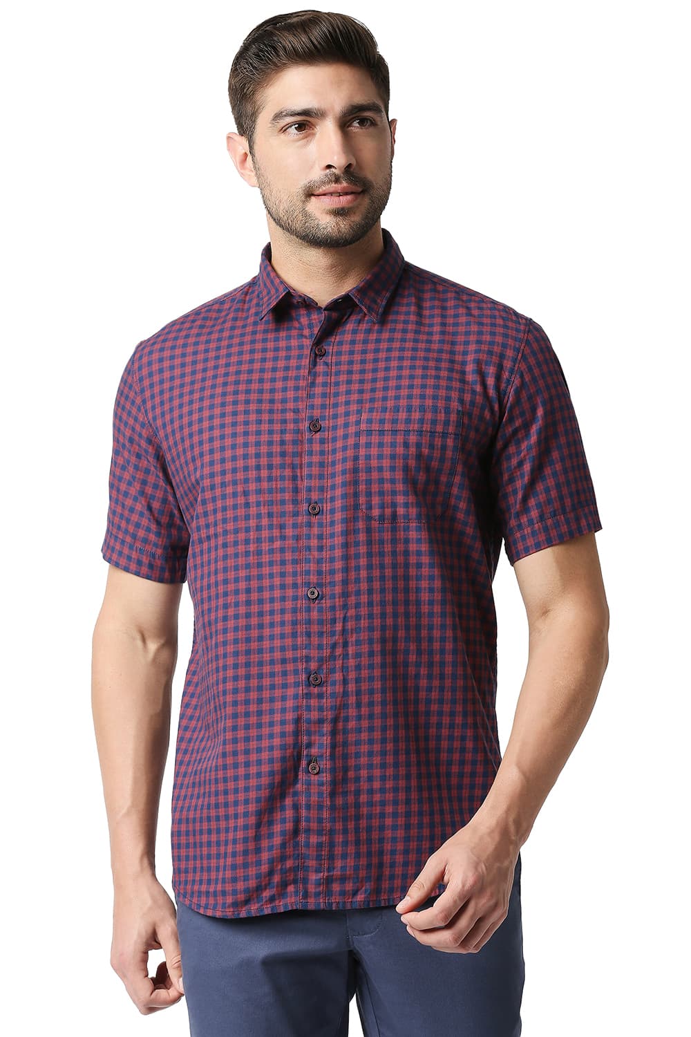 BASICS SLIM FIT TWILL CHECKS HALFSLEEVES SHIRT HALFSLEEVES SHIRT