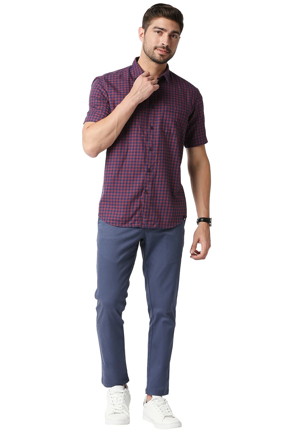 BASICS SLIM FIT TWILL CHECKS HALFSLEEVES SHIRT HALFSLEEVES SHIRT