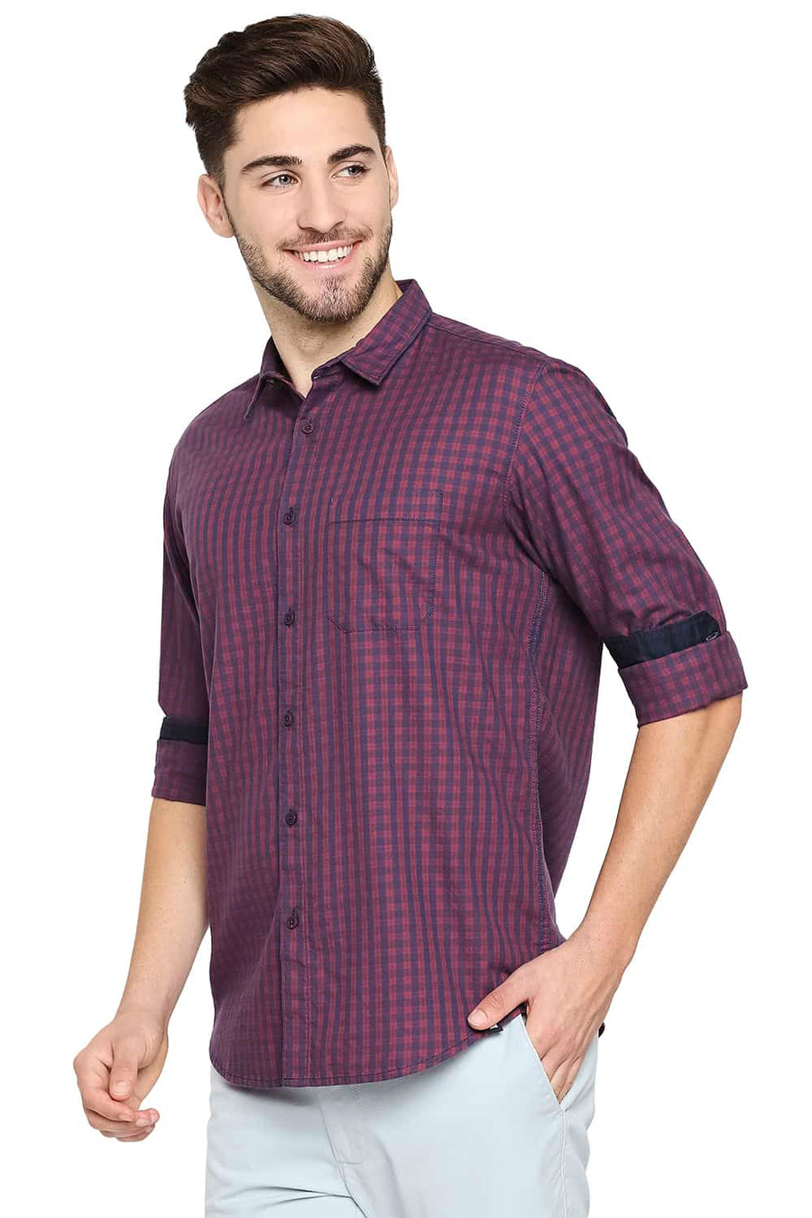 BASICS SLIM FIT BURNT RED TWILL CHECKS SHIRT SHIRT