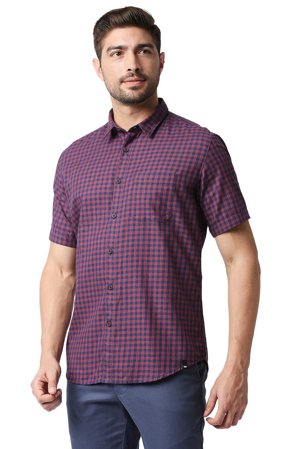 BASICS SLIM FIT TWILL CHECKS HALFSLEEVES SHIRT HALFSLEEVES SHIRT