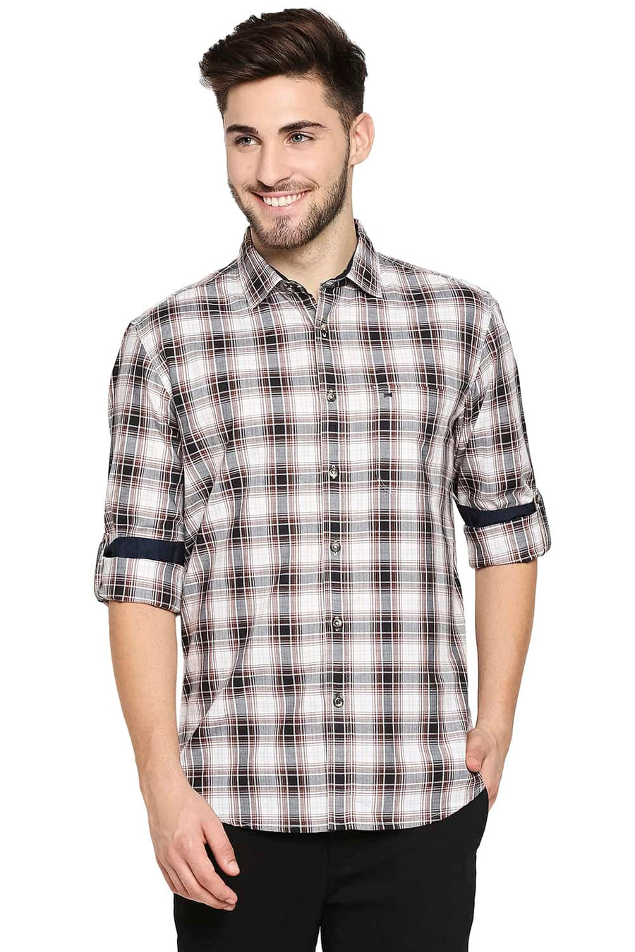 BASICS SLIM FIT BRUNETTE BROWN TWILL CHECKS SHIRT SHIRT