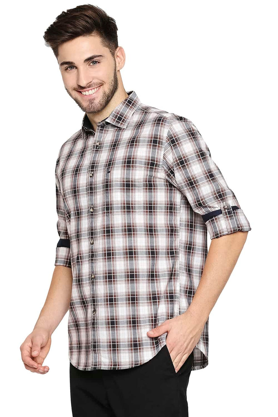 BASICS SLIM FIT BRUNETTE BROWN TWILL CHECKS SHIRT SHIRT