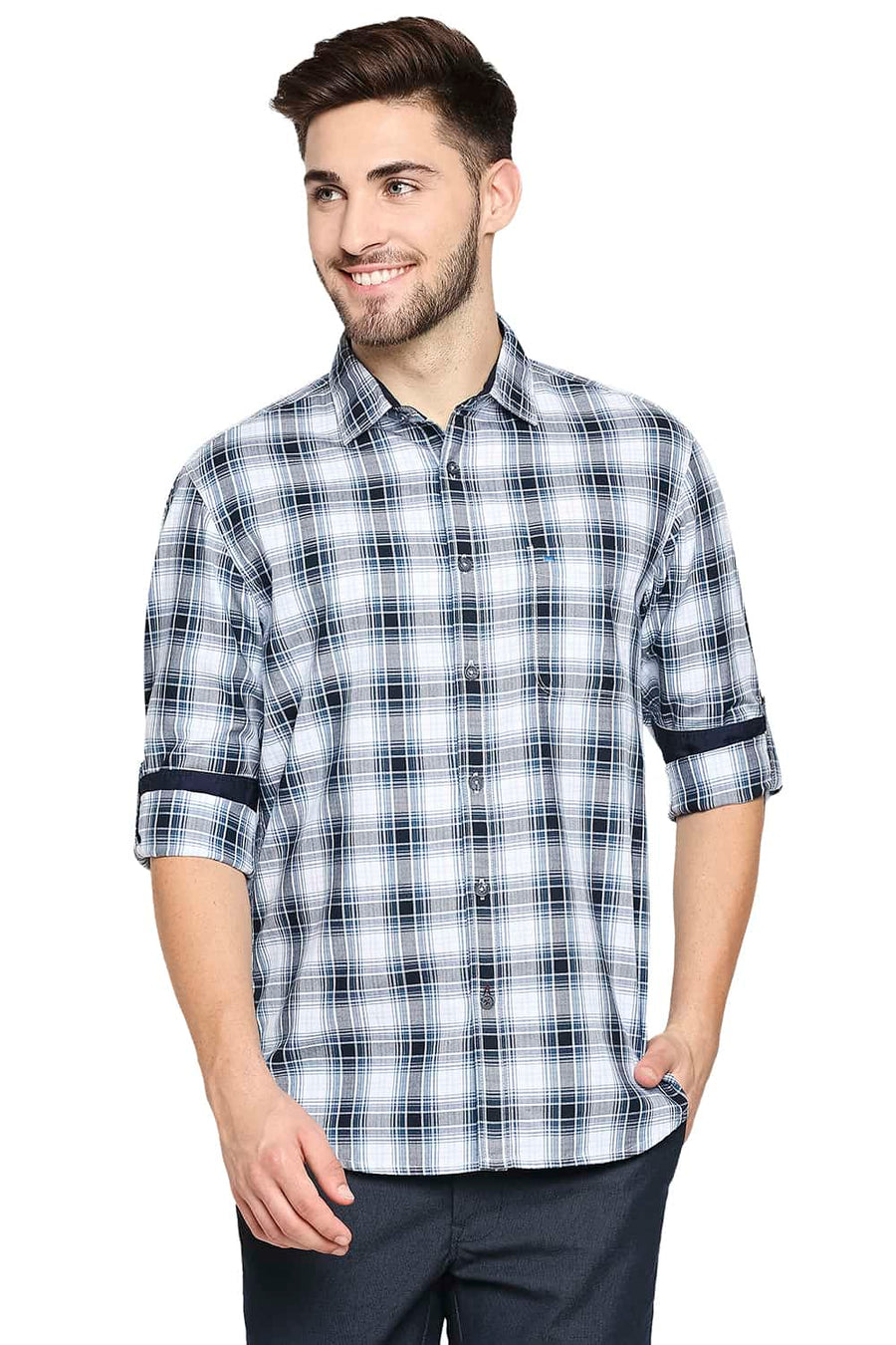 BASICS SLIM FIT STELLAR BLUE TWILL CHECKS SHIRT SHIRT