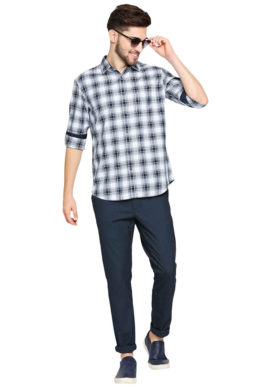 BASICS SLIM FIT STELLAR BLUE TWILL CHECKS SHIRT SHIRT
