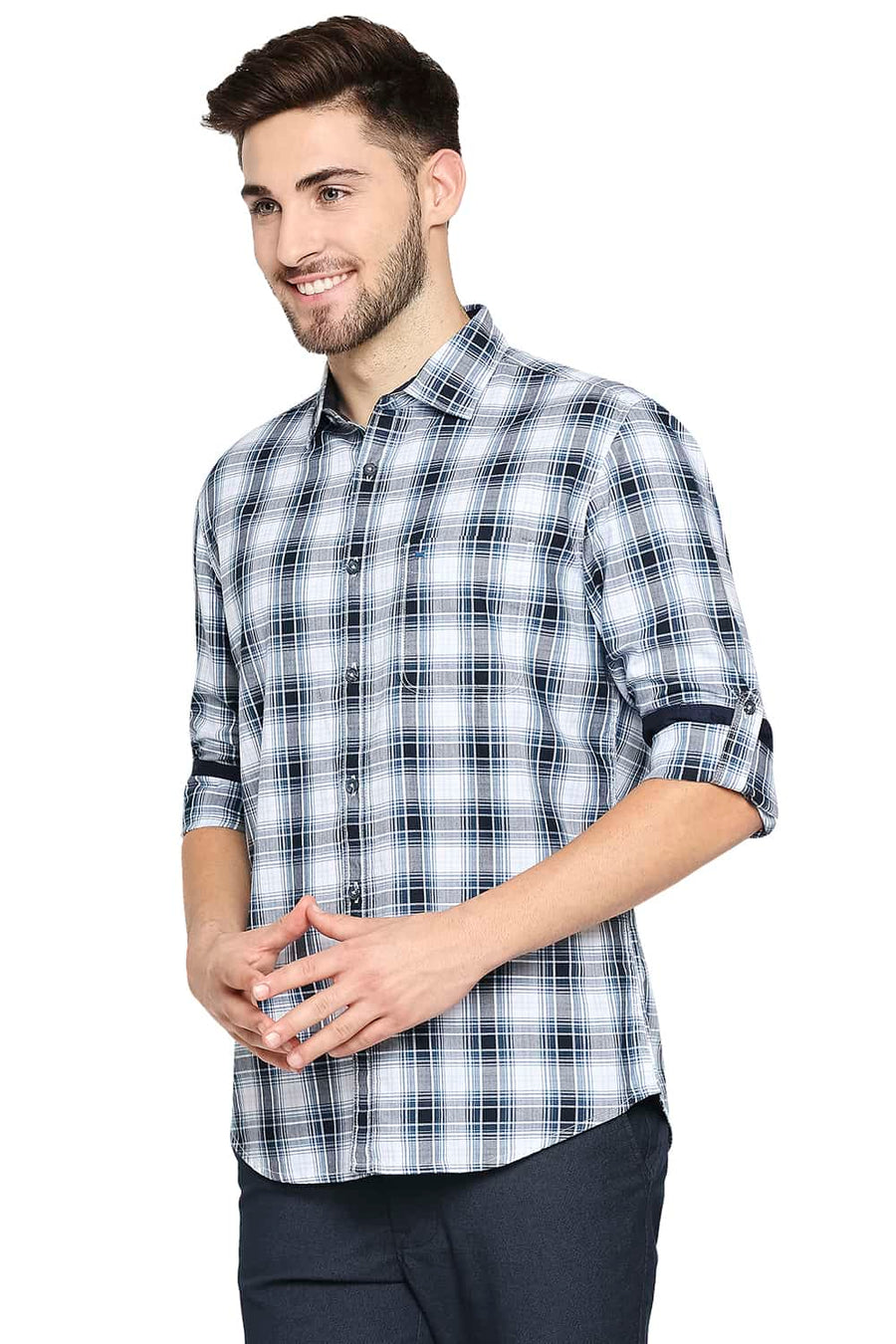 BASICS SLIM FIT STELLAR BLUE TWILL CHECKS SHIRT SHIRT