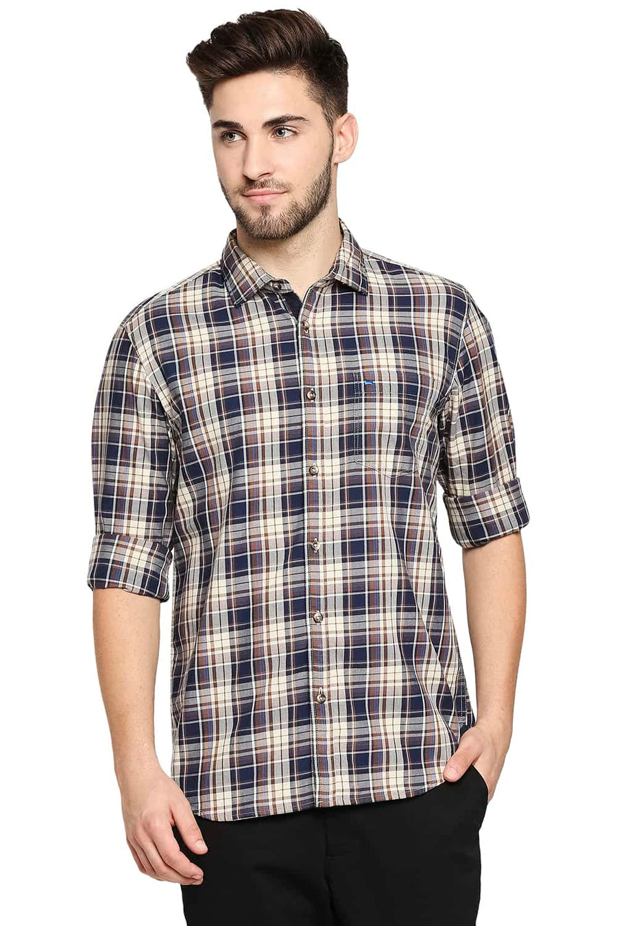 BASICS SLIM FIT WHEAT KHAKI TWILL CHECKS SHIRT SHIRT