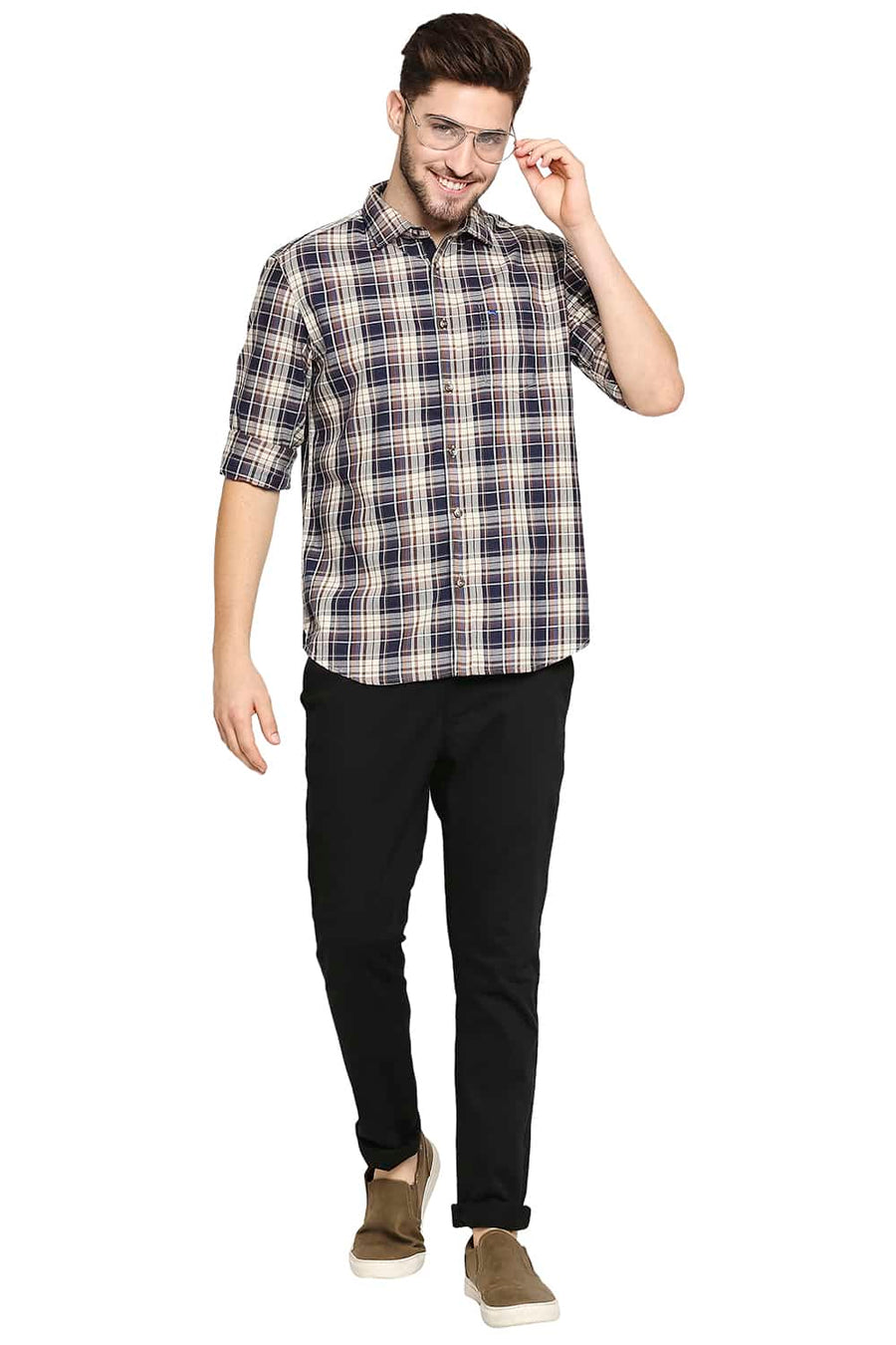 BASICS SLIM FIT WHEAT KHAKI TWILL CHECKS SHIRT SHIRT
