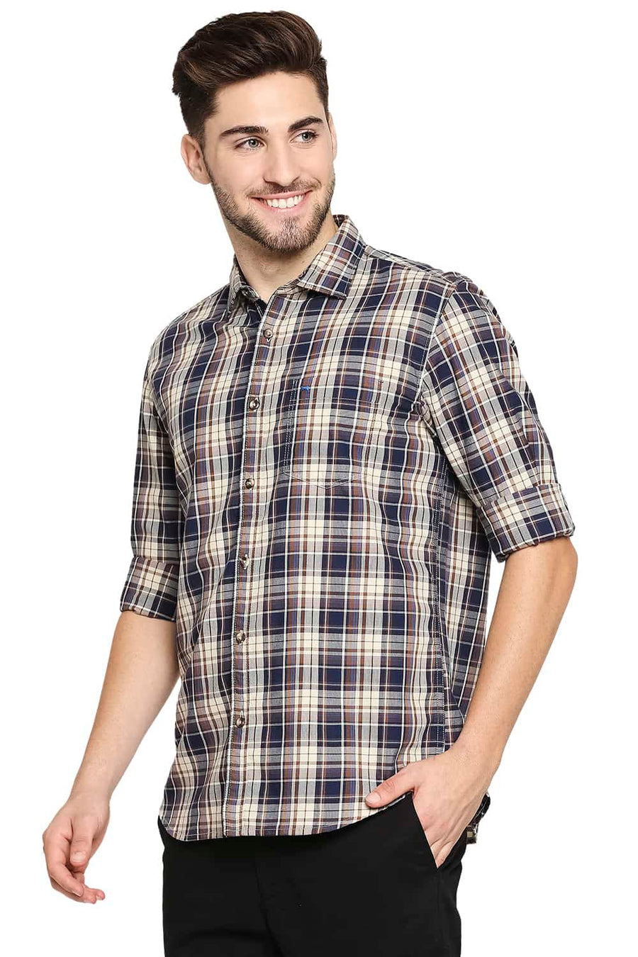 BASICS SLIM FIT WHEAT KHAKI TWILL CHECKS SHIRT SHIRT