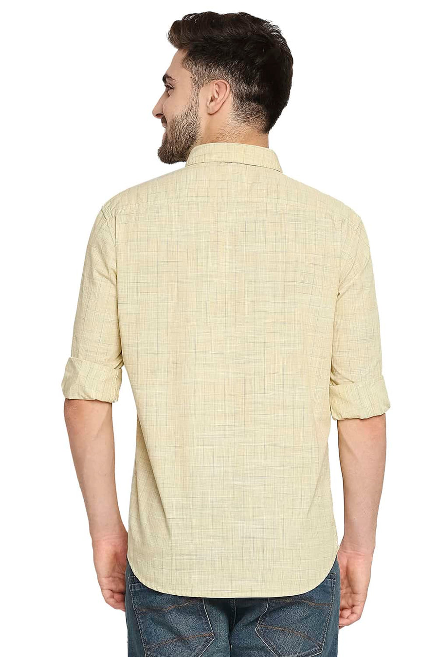 BASICS SLIM FIT DUSKY YELLOW SLUB CHECKS SHIRT