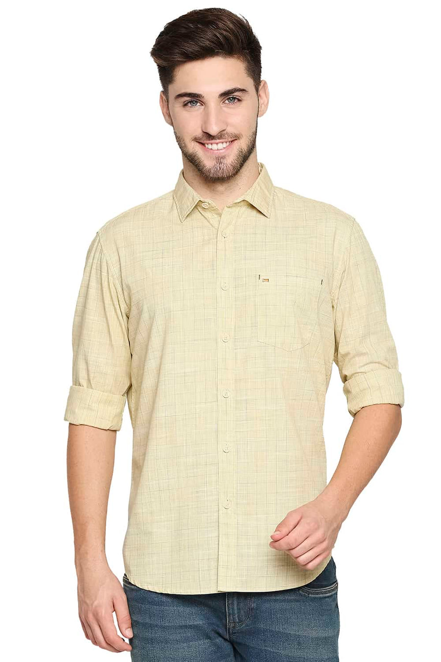 BASICS SLIM FIT DUSKY YELLOW SLUB CHECKS SHIRT
