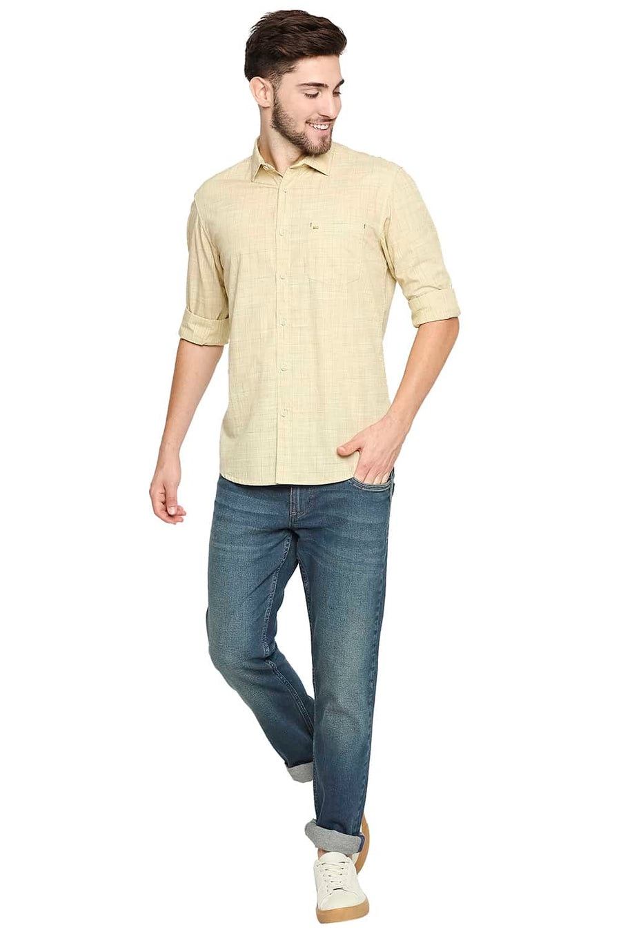 BASICS SLIM FIT DUSKY YELLOW SLUB CHECKS SHIRT
