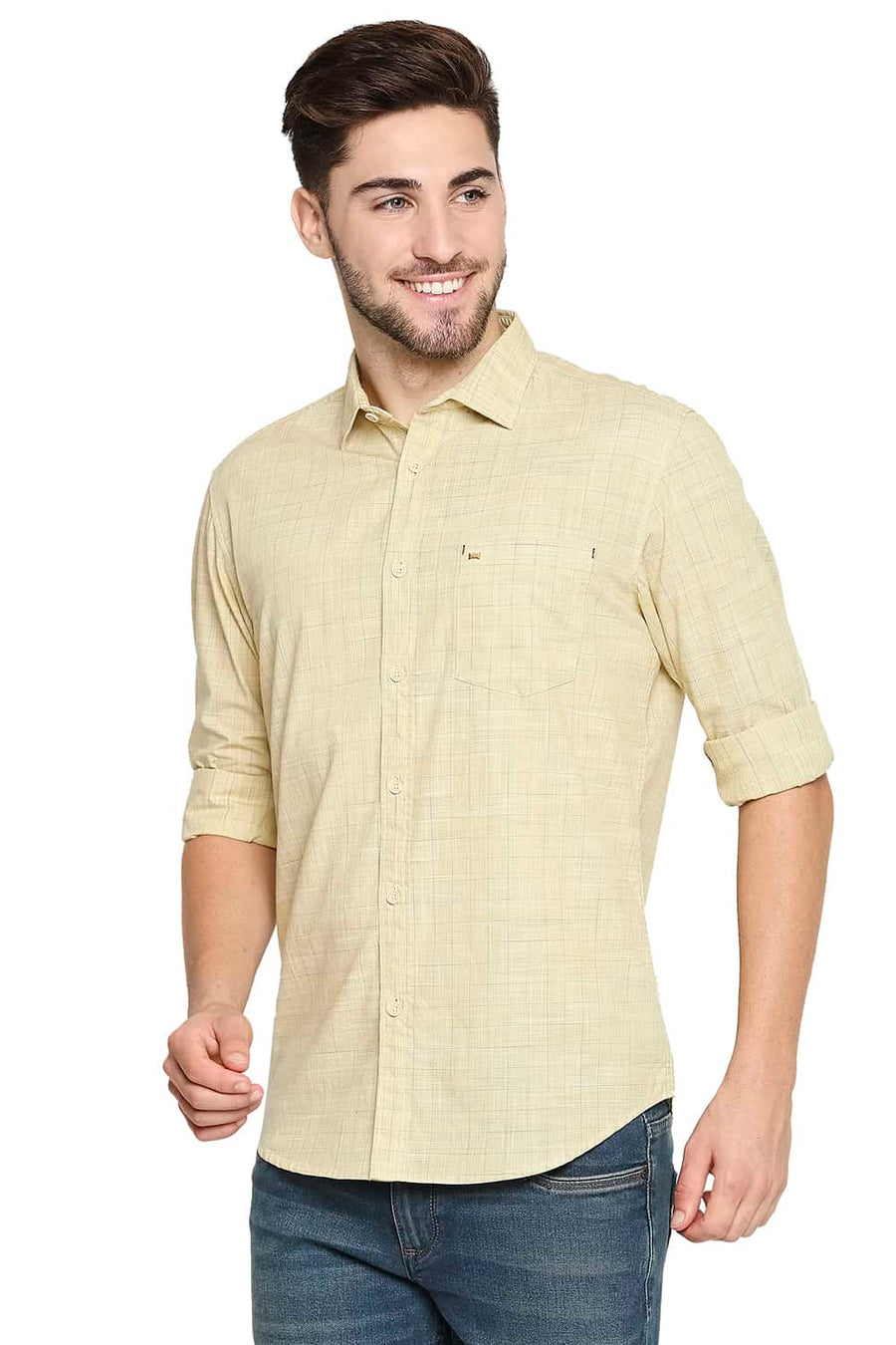 BASICS SLIM FIT DUSKY YELLOW SLUB CHECKS SHIRT