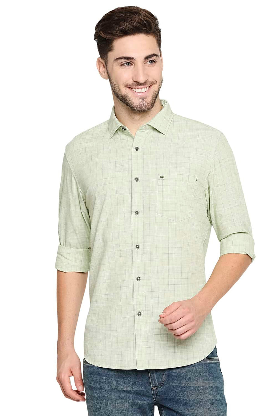 BASICS SLIM FIT SHADOW GREEN SLUB CHECKS SHIRT
