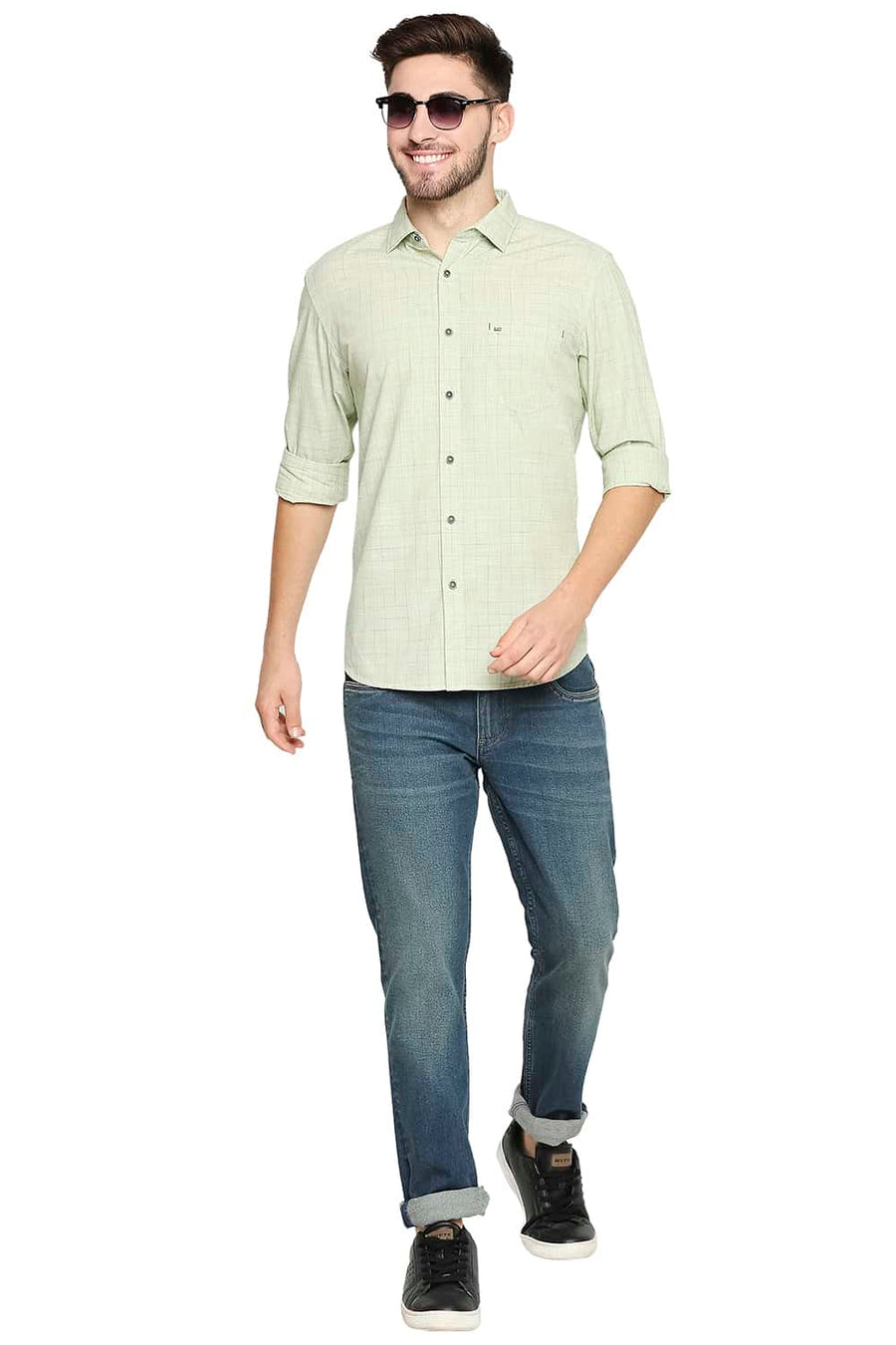 BASICS SLIM FIT SHADOW GREEN SLUB CHECKS SHIRT