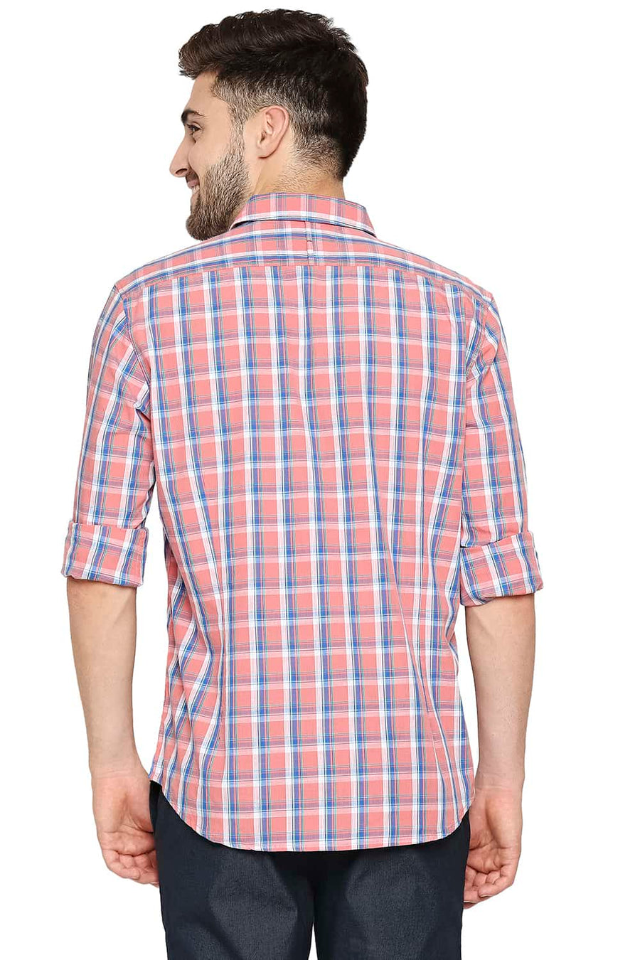 BASICS SLIM FIT CORAL PINK SLUB CHECKS SHIRT