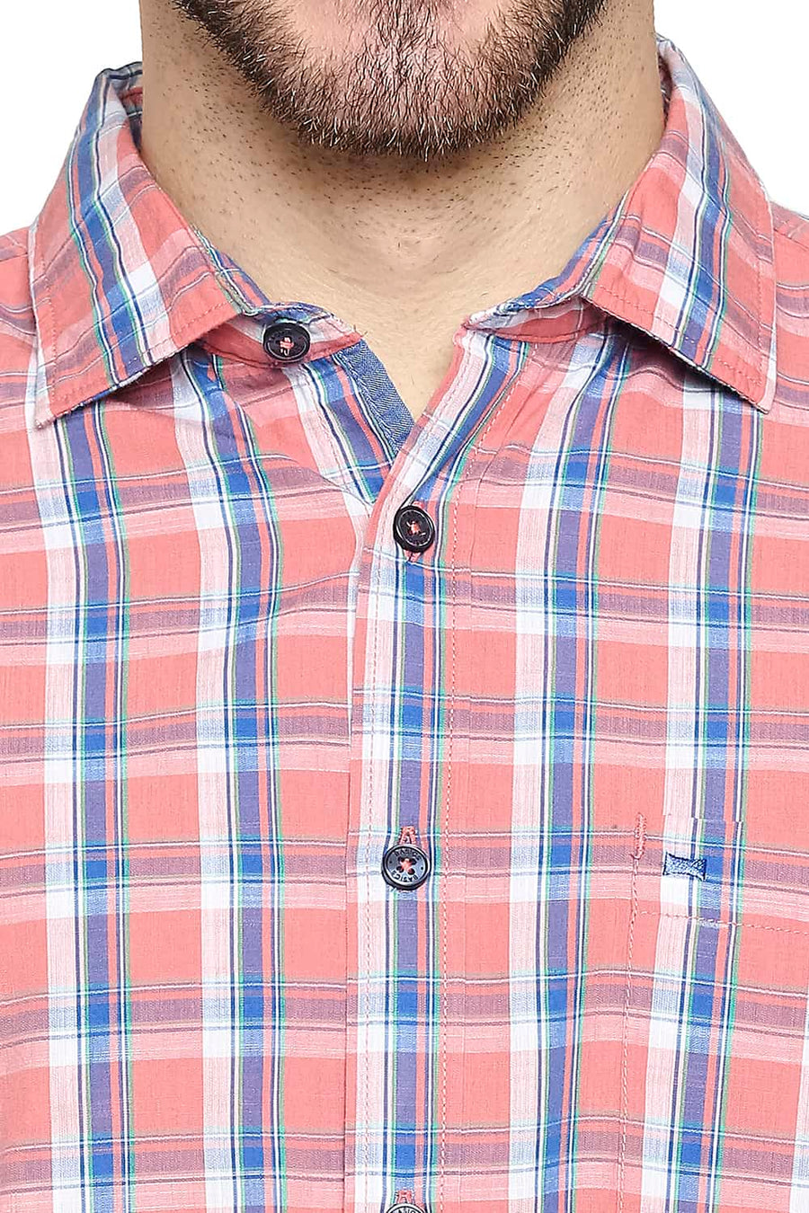 BASICS SLIM FIT CORAL PINK SLUB CHECKS SHIRT