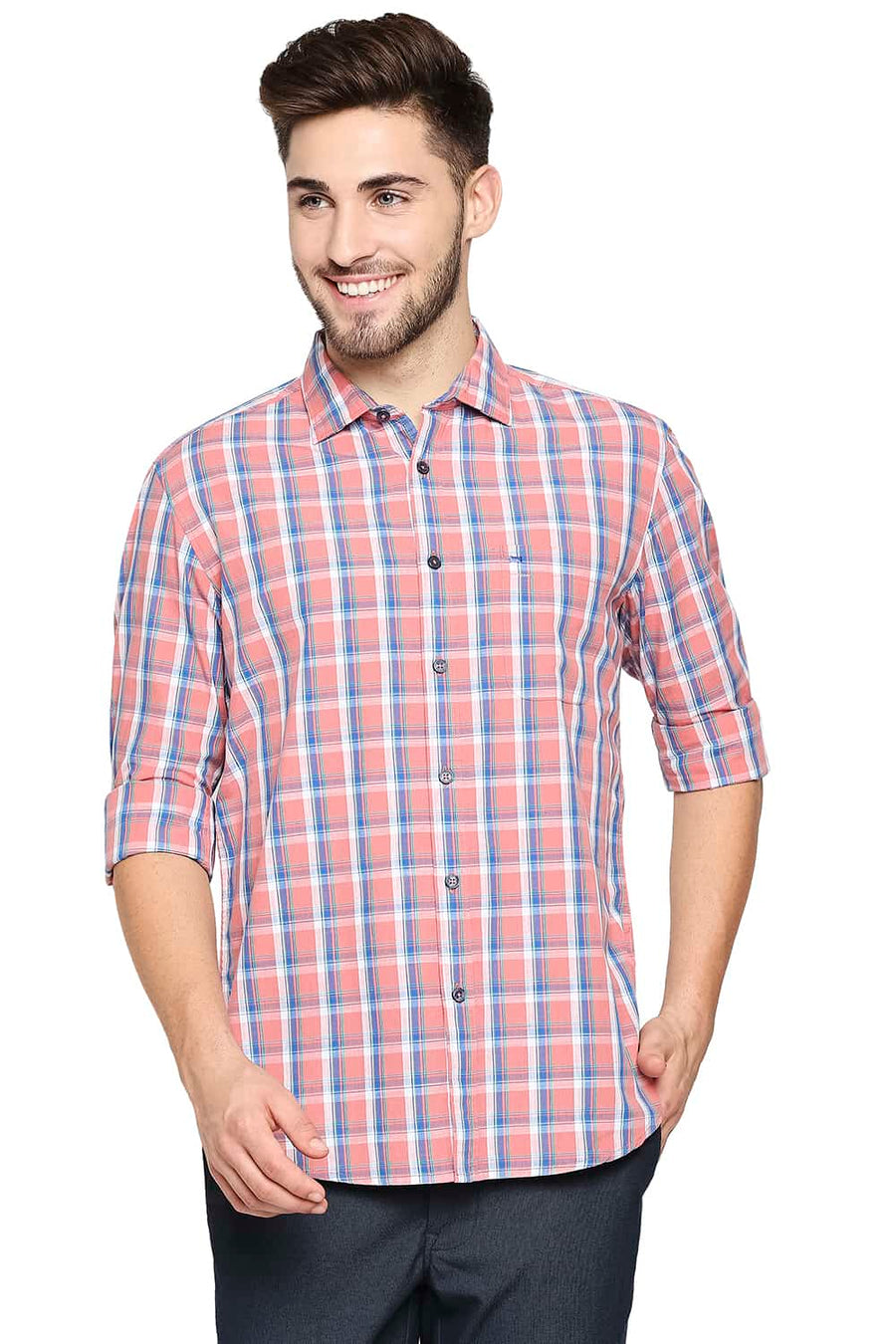 BASICS SLIM FIT CORAL PINK SLUB CHECKS SHIRT