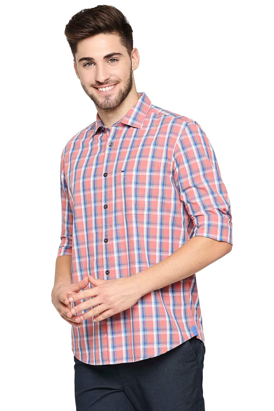 BASICS SLIM FIT CORAL PINK SLUB CHECKS SHIRT