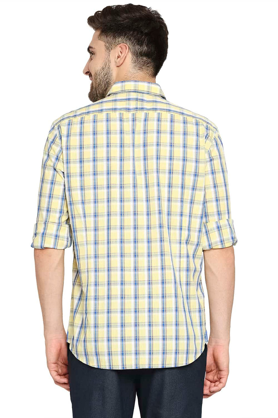 BASICS SLIM FIT IRIS YELLOW SLUB CHECKS SHIRT