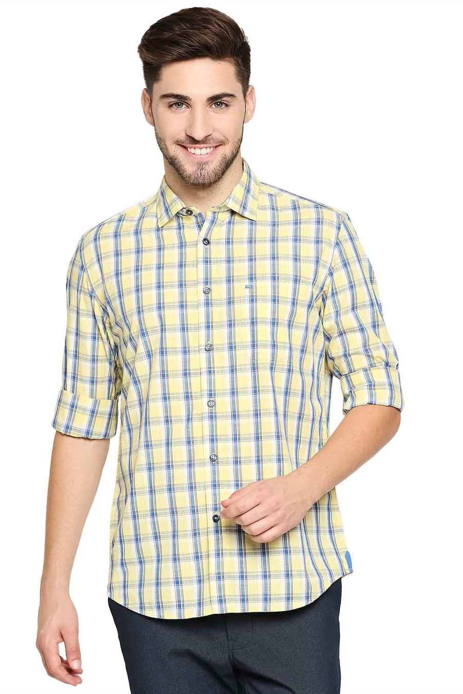 BASICS SLIM FIT IRIS YELLOW SLUB CHECKS SHIRT