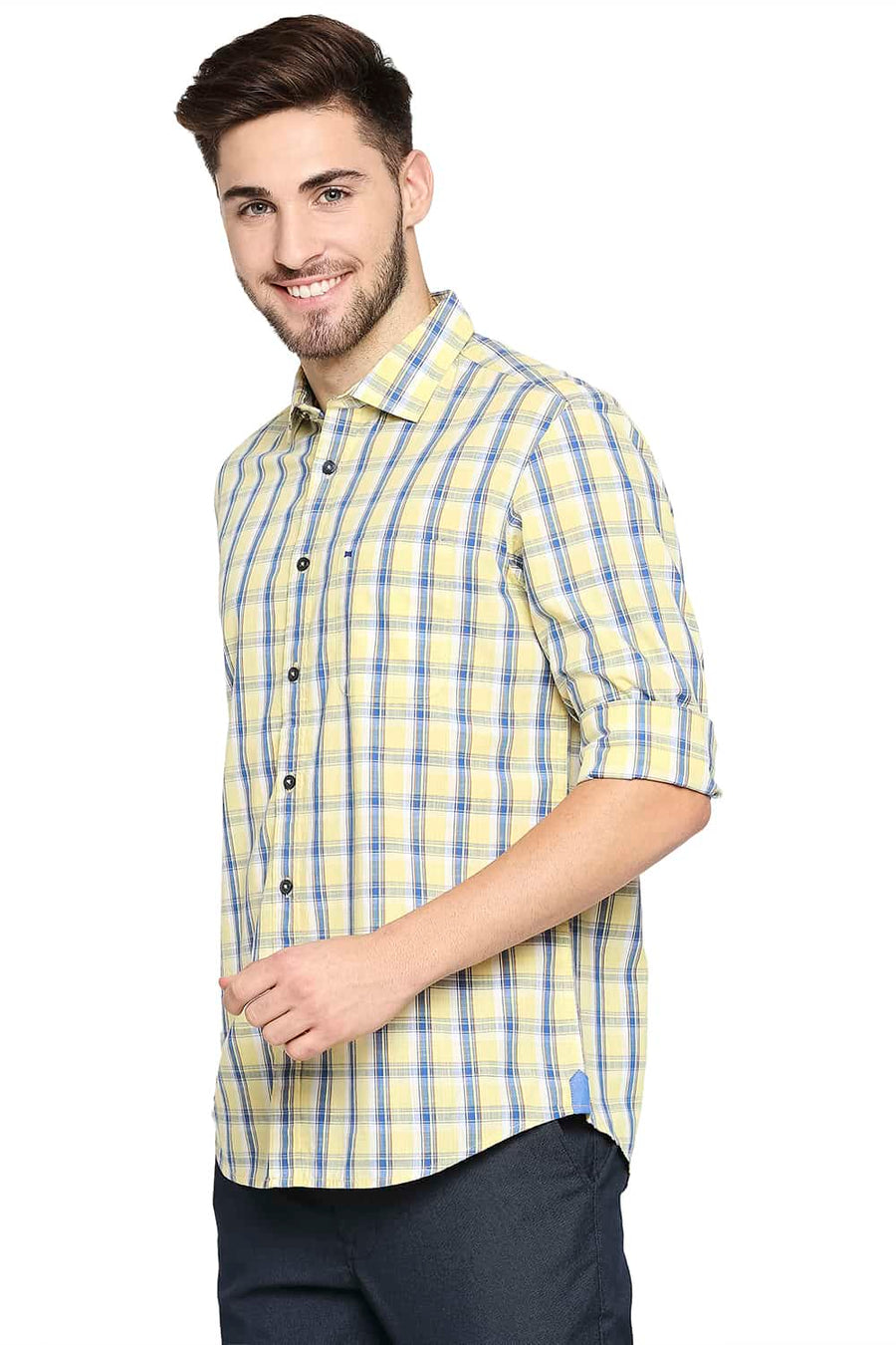 BASICS SLIM FIT IRIS YELLOW SLUB CHECKS SHIRT