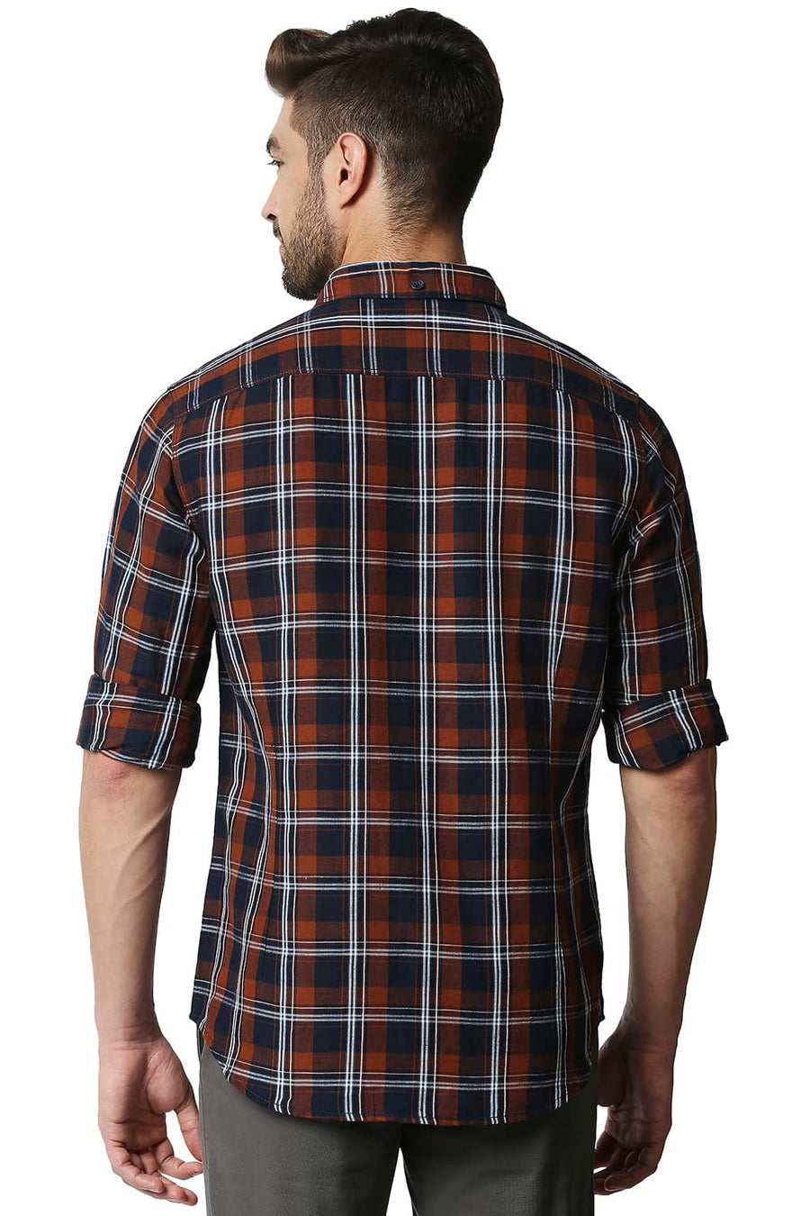 BASICS SLIM FIT COPPER BROWN COTTON LINEN CHECKS SHIRT