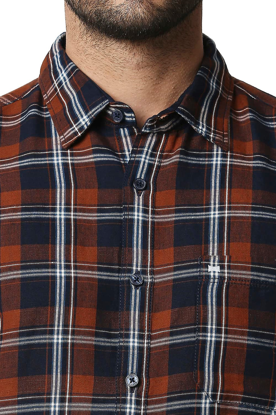 BASICS SLIM FIT COPPER BROWN COTTON LINEN CHECKS SHIRT