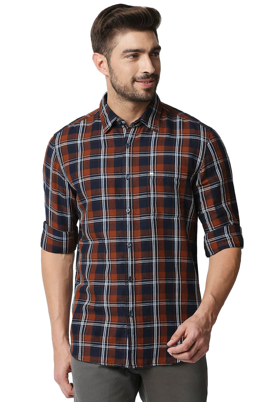 BASICS SLIM FIT COPPER BROWN COTTON LINEN CHECKS SHIRT